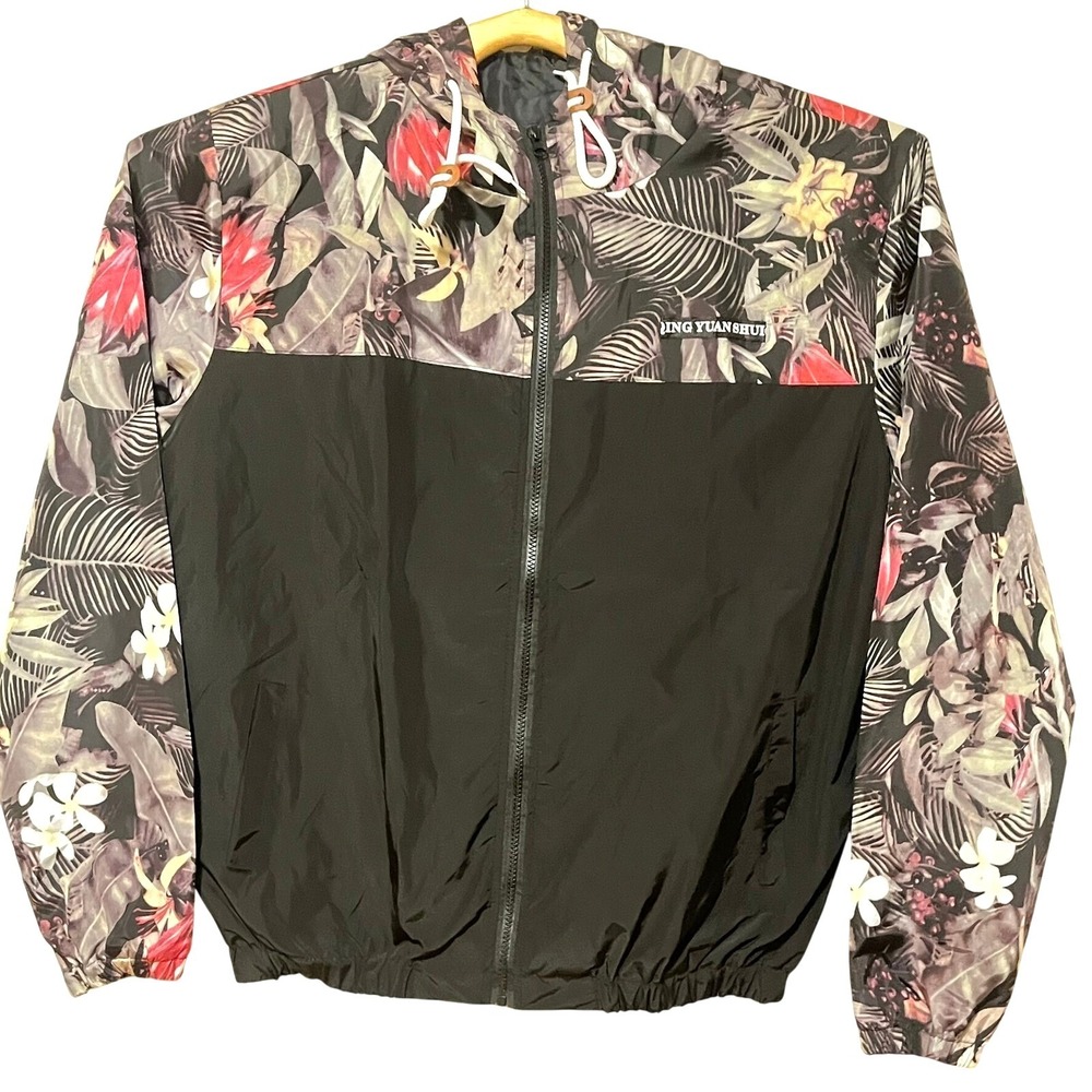 Qing Yuanshui Womens M Golf Windbreaker Jacket Tropical Floral Hooded Full Zip